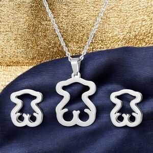 🆕️316L Stainless Steel Cute Bear Necklace Earrings Set | Trendy Jewelry Gift 🎁